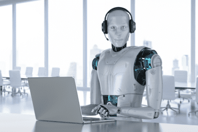 robot at desk with laptop