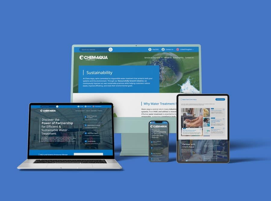 A variety of devices, including desktop monitor, laptop, mobile and tablet, on a blue background. All displaying various webpages from Chem-Aqua website.