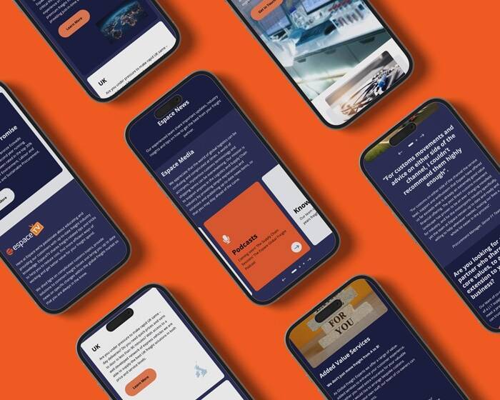 Multiple mobile phones on an orange background, displaying multiple different pages of the Espace website.