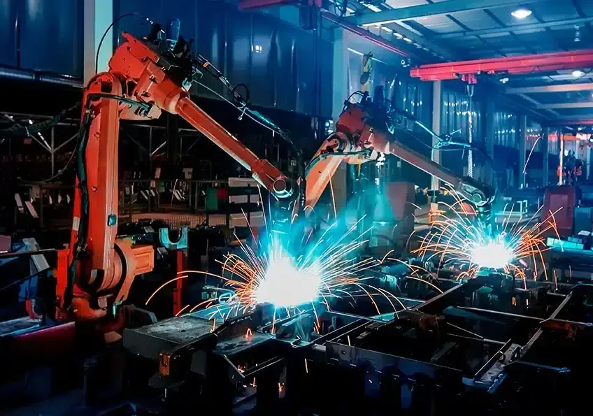 Automatic welding arm in action, sparks fly as it welds automotive parts.