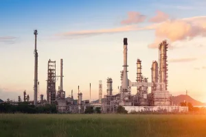 An industrial chemical refinery plant set against a sunsetting sky.