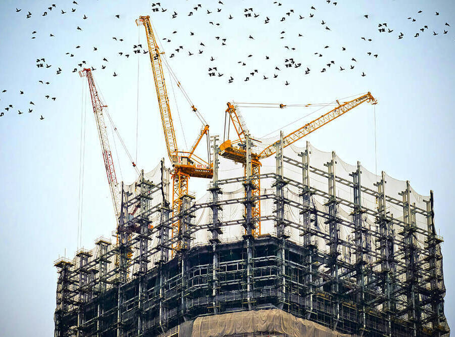 An upward shot of cranes working on a high rise building, in the background is a sky filled with flying birds.