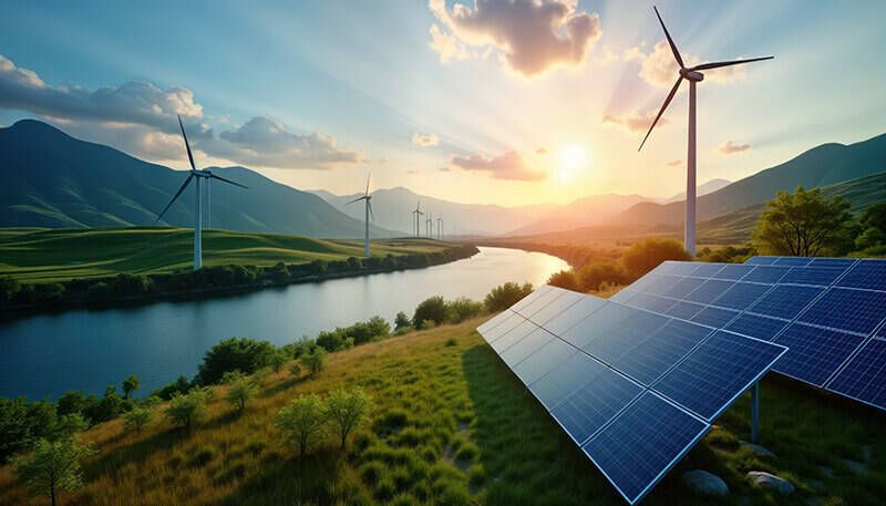 An image of beautiful green scenery with a lake running through the middle complete with solar panels and wind turbines and mountains