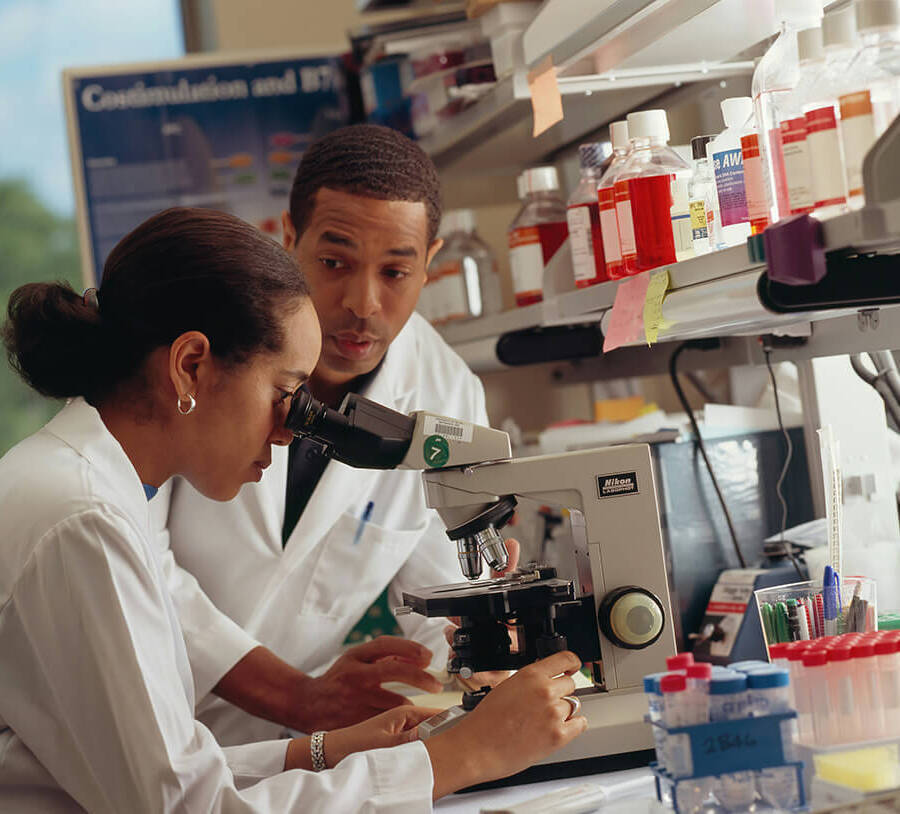 Two technicians in a laboratory setting, one is looking through a microscope at a specimen slide.