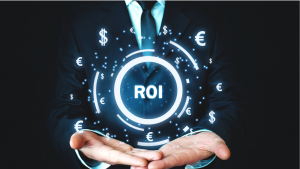 ROI in marketing concept showing return on investment and growth metrics
