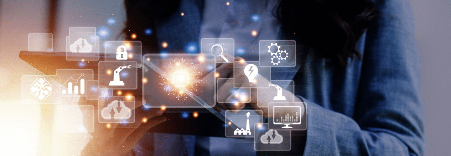Close up of lady in a suit, hands holding a tablet, with a graphic overlay that represents digital and technology marketing